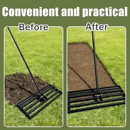 Lawn Leveling Rake, 30" x 10" Stainless Steel Head, Ergonomic Bent Handle, Level Soil & Sand, 6ft Long Handle for Yard, Garden, Sports Field - size: 30"x10"