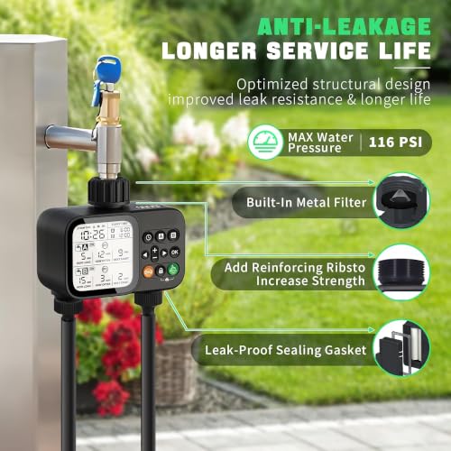Programmable Outdoor Irrigation Controller with Rain‑Delay, IP54 Weather‑Resistant Auto Watering Sprinkler Device for Lawn, Yard & Flower Beds, Compatible with Standard 3/4‑Inch Faucet Thread