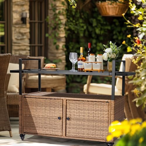 VINGLI Outdoor Storage Cabinet with Wheels, Waterproof Woven Rattan with Double Magnetic Doors, Mobile Multi-Purpose Cabinet for Storage, Buffet Server, Bar Table, Potting Bench (Glass Top) - size: Glass Top