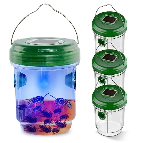 Wasp Traps Outdoor Hanging, Solar Bee Trap 4 Packs, 2026 Upgrade Wasp Deterrent Killer, Carpenter bee Catcher for Outside, Flying Insect Traps Reusable Yellow Jacket Hornet Catchers with LED Light