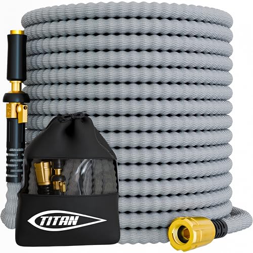 TITAN Flexible Garden Hose 30FT – Ultra Lightweight, Heavy Duty Water Hose with Brass Fittings & Jet Nozzle – Kink-Free, Non-Expanding, Durable Fabric Hose for Yard, Lawn, Car Wash, Outdoor Use - color: Gray, size: 30FT