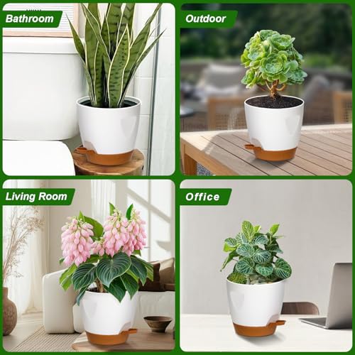 5-Pack Plant Pots with Drainage 7/6.5/6/5.5/5 Inch Self Watering Pots for Indoor Outdoor Plants, Plastic Flower Pots with Drainage Holes and Removable Saucers, Plant Pots with Wicking Rope (White)