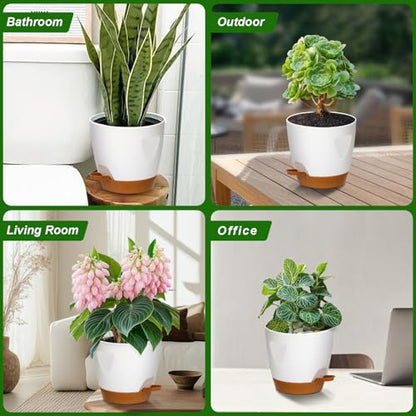 5-Pack Plant Pots with Drainage 7/6.5/6/5.5/5 Inch Self Watering Pots for Indoor Outdoor Plants, Plastic Flower Pots with Drainage Holes and Removable Saucers, Plant Pots with Wicking Rope (White)
