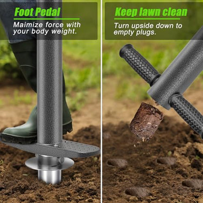 Dolibest 3-in-1 Sod Plugger & Bulb Planter Tool - Depth Adjust (3-6'') Stainless Steel Sharp Serrations with Ergonomic Grip | Lawn Plug Cutter for Turf Repair, Soil Sampling & Garden Planting-35.7" - color: Black E- 3-6'' depth