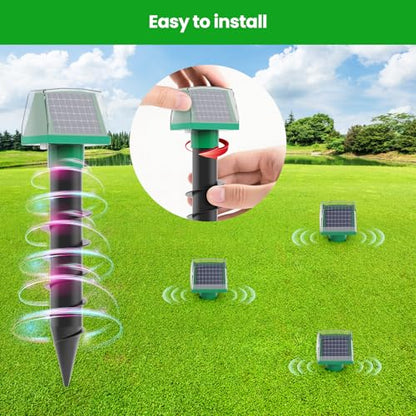 Mole Repellent Screw Solar Powered Gopher Deterrent Stake for Outdoor Lawns with Electic Vibration, Repels Snake Vole Groundhog Armadillo from Yard and Garden (4 Pack)