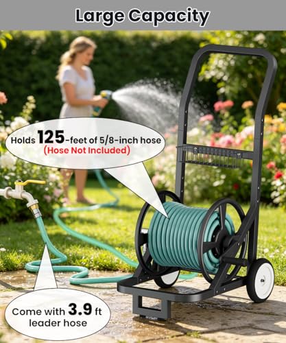 Artigarden Garden Hose Reel Cart with Wheels, Outdoor Water Hose Cart Black - color: Black, size: Holds 125 ft