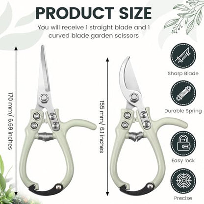 Plant Scissors with Lock 2 Pack, 6'' Bypass Hand Pruner & 6.7" Precision Garden Scissors Rust Resistant Hand Sprout Pruning Shears Gardening Tools for Herbs, Plants