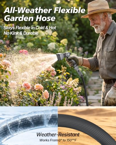 Flat Garden Hose 50FT, Seamless Woven Water Hose with Flexible TPE Inner Tube, Lightweight Compact Design, Standard 3/4 in. GHT Fittings for Outdoor Watering, Cleaning and Yard Use - size: 50FT