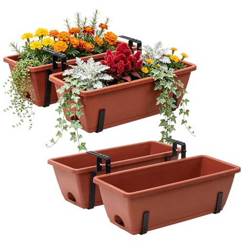 4-Pack Railing Planter Boxes with 2 Sets Double-Sided Adjustable Brackets - color: Brick Red