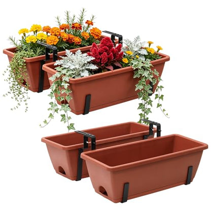 4-Pack Railing Planter Boxes with 2 Sets Double-Sided Adjustable Brackets - color: Brick Red