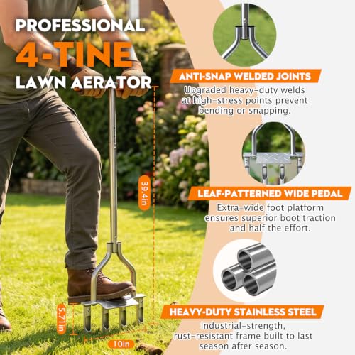4-Tine Manual Core Lawn Aerator, 4-Inch Plug Aerator, Heavy-Duty Steel