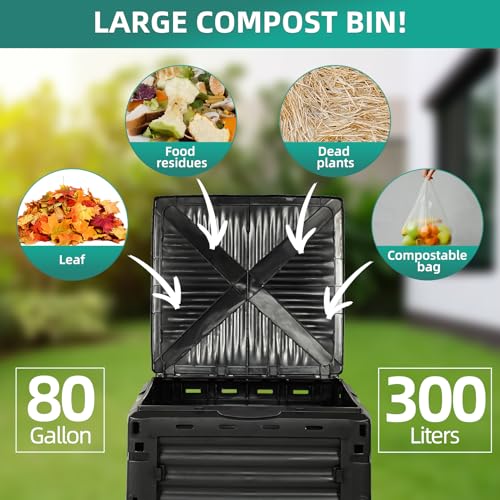 80 Gallon Large Compost Bin Outdoor - 300L High Capacity Composter with Top Flip Latch Lid - BPA-Free Heavy Duty Garden Waste Bin for Kitchen Scraps & Yard Waste - Easy Assembly, Black - size: 80 Gallon