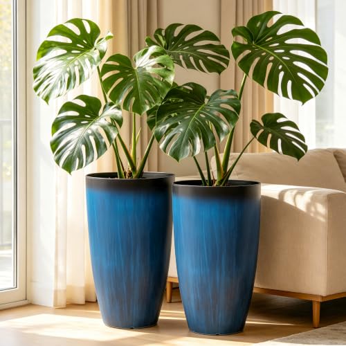 Autodaya 24" Large Tall Outdoor Planters Set of 2, Faux Ceramic Flower Pots - color: 24"h-gradient Cobalt Blue
