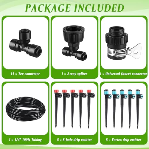 Glooglitter 100ft Drip Irrigation Kits, Connect Automatic Irrigation System with 1/4 Inch Tubing and Tee 2 Way Connector, Sprinkler System for Yard Lawn Patio Greenhouse