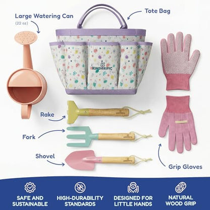 Kinderific Gardening Set, Tool Kit, for Kids, STEM, Includes Tote Bag, Spade, Watering Can, Rake, Fork, Trowel and Gloves, Egg Hunt - color: Egg Hunt