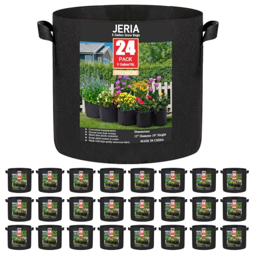 JERIA 24-Pack 5 Gallon Nonwoven Grow Bags, Plant Grow Bags，Heavy Duty Aeration Fabric Pots with Durable Handles - size: 5 Gallons