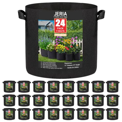 JERIA 24-Pack 5 Gallon Nonwoven Grow Bags, Plant Grow Bags，Heavy Duty Aeration Fabric Pots with Durable Handles - size: 5 Gallons