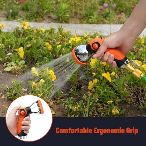 Besiter Garden Hose Nozzle, Hose Sprayer Nozzle with 10 Spray Patterns, Thumb Control On Off Valve, High Pressure Metal Water Hose Nozzle for Car Wash, Plants, Pets & Outdoor Cleaning, Orange - color: Orange-m