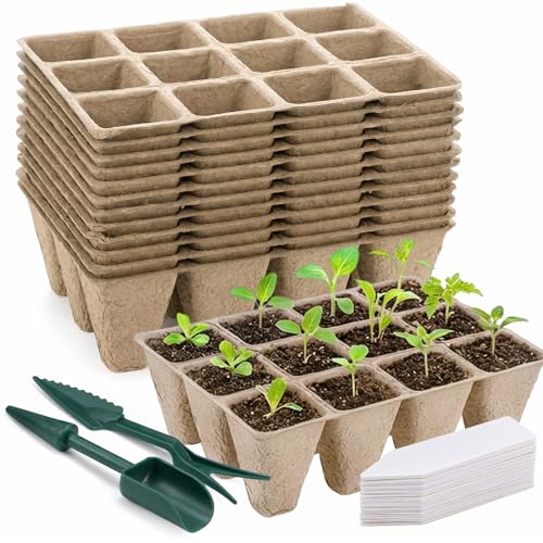 Prudiut 144 Cells Seed Starter Tray, 12 Pack Biodegradable Peat Pots Kit