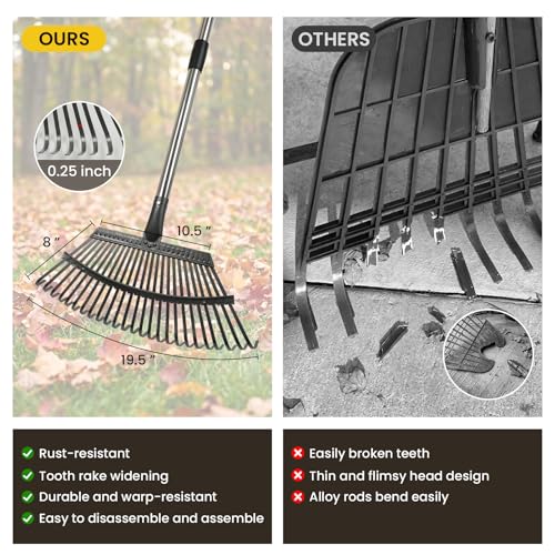 Rake for Leaves - 25 Tines Heavy Duty Metal Rake Set with Leaf Scoops & 53 Gallon Bag, Adjustable 67.5" Garden Rake, 3-in-1 Tool for Yard Pine Needle Grass Cleanup