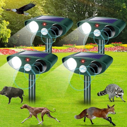 Solar Ultrasonic Animal Repellent Outdoor, Deer Repellent Devices for Yard Garden with Motion Sensor & Flashing Light, Waterproof Animal Deterrent for Cat Dog Squirrel Raccoon Rabbit Skunk Coyote Farm