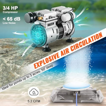 VEVOR Pond Aerator, 550W Power, 5.2CFM for Up to 3 Acre 50' Lake, Includes 3/4 HP Compressor & 2 100' Weighted Tubings & 2 Diffusers, Air Compressor for Deep Water Oxygen Circulation - size: 2 diffusers