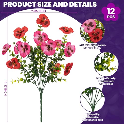 Artificial Flowers for Outdoor Faux Pansies Fake Flowers Plants,12 Bundles - color: Red Dark Pink