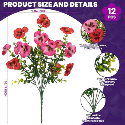 Artificial Flowers for Outdoor Faux Pansies Fake Flowers Plants,12 Bundles - color: Red Dark Pink