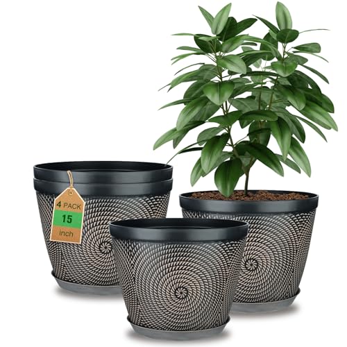 Quarut 15 Inch 4 Pack Large Pots, for Plants,Plastic Flower Pot for Indoor - color: Circular Pattern-brown, size: 15 inch-4 Pack