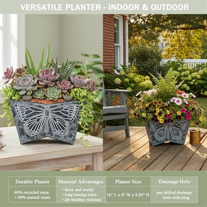 GreenShip 16 Inch Large Resin Flower Pots Set of 2 with Drainage Hole - style: Dark Grey-2 Pack