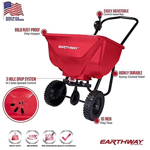 EarthWay 2030 Single 65 LB (29 KG) Capacity Commercial Walk-Behind Broadcast Spreader for Grass, Fertilizer, Seeds — Includes Side Spread Control, Even Spread, Poly Tires