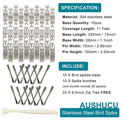 Bird Spikes, 11 Feet, Stainless Steel, 10pcs - size: 10.8Feet(10pcs)