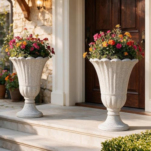 24" Tall Urn Planters for Outdoor Plants, Urns and Pedestal, Gray - color: Heather Grey-concrete Look/Sandblasting