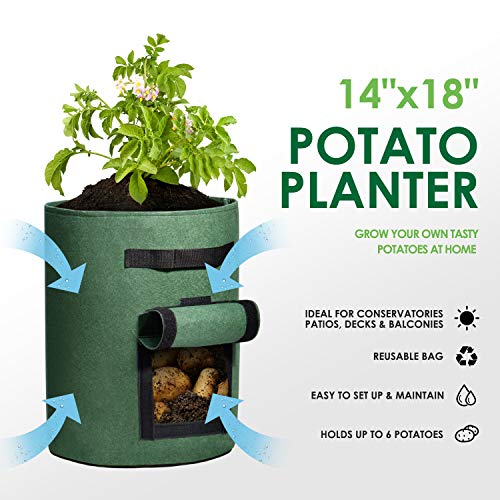 Delxo 5 Pack 10 Gallon Potato Grow Bags, Garden Planting Growing Bag with Flap, Double Layer Breathable Nonwoven Cloth for Potatoes/Planter/Vegetable/Tomato Fabric Pots with Handles Green - size: 10 Gallon