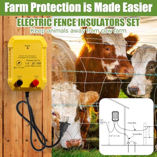 MorningRo Electric Fence Charger Kit 1J 25 Mile 250ft Wire 50 Insulators - style: 1 Joule
