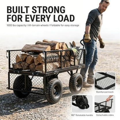 Finnhomy Heavy Duty 1000 Lbs Capacity Mesh Steel Garden Cart, Pullable Garden Wagons Carts on Wheels, Folding Utility Wagon with Removable Sides for Outdoor, Yard, Lawn, Black - color: Black