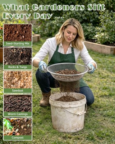2Pcs Soil Sifter for Gardening with Handle, 1/4in,1/8in Mesh Rock Sifter for 5 Gallon Bucket, Stainless Steel Compost Dirt Sifter, Garden Sieve for Gravel Sawdust Vermicompost