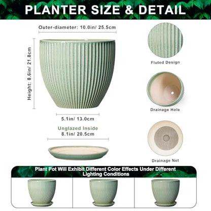 Ceramic Flower Pots, 10 Inch Plant Pot with Saucer, Green - color: Green, size: 10 Inch