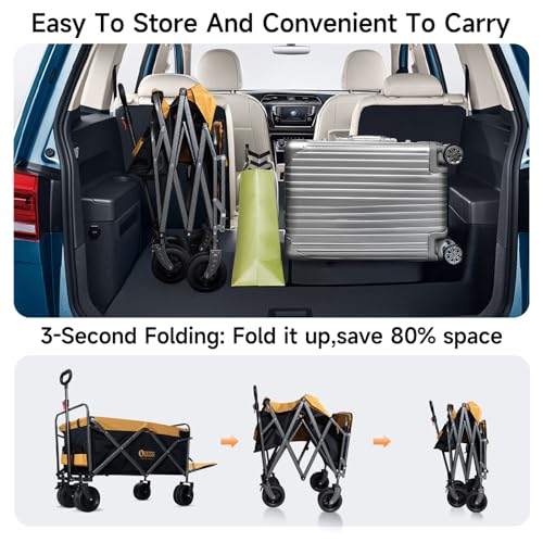Collapsible Folding Wagon with Tailgate and Brake, Duty Utility Cart - color: Yellow, size: Large with Tailgate
