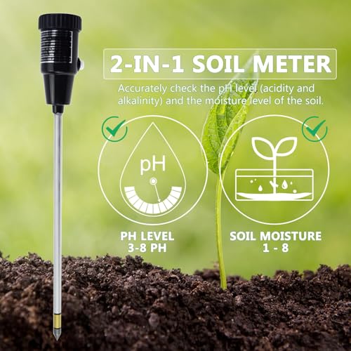 2 in 1 Soil PH Meter Soil Moisture Sensor Meter Soil PH Tester Soil Test Kit Gardening Tool for Indoor Outdoor Plant Garden Lawn Farm Waterproof Metal Electrode 295mm Long