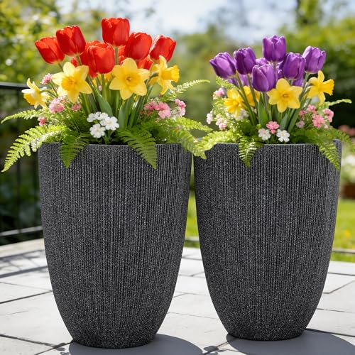 2-Pack 19" Black Resin Tall Round Planters with Fluted Texture - color: 19"h-black Fluted