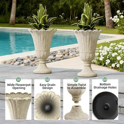 Tall Plastic Urn Planters and Pedestal - 24" Outdoor Planter Beige - color: Yellowish Beige-petal