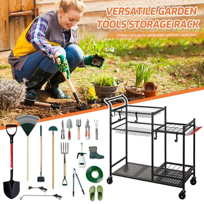 PLKOW Rolling Garden Tool Organizer with Shelves and Hooks, Black - size: Deluxe Rack