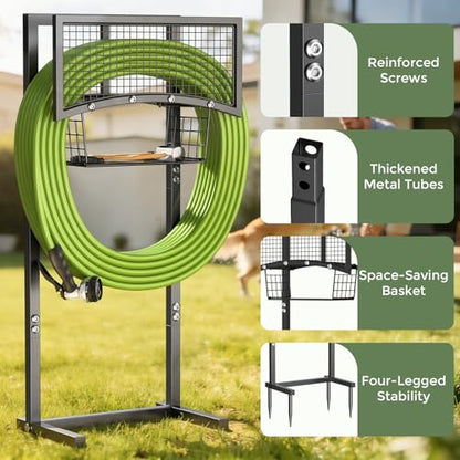 Garden Hose Holder Freestanding with Storage Basket, Holds Up to 165FT Hose, Heavy Duty Metal Water Hose Holder with 4 Anchor Spikes, for Yard, Lawn & Patio - color: Black