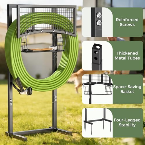Garden Hose Holder Freestanding with Storage Basket, Holds Up to 165FT Hose, Heavy Duty Metal Water Hose Holder with 4 Anchor Spikes, for Yard, Lawn & Patio - color: Black