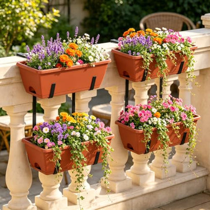 Railing Planter Box Set of 2, 4 Pack Brick Red Window Boxes Planters - color: Brick Red