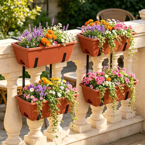 Railing Planter Box Set of 2, 4 Pack Brick Red Window Boxes Planters - color: Brick Red