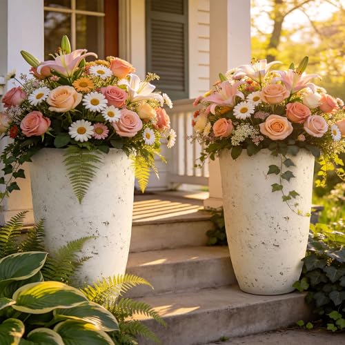 Autodaya 19.5" Resin Tall Planters for Outdoor Plants, Set of 2 Flower Pots - color: Country Round White-19.5"