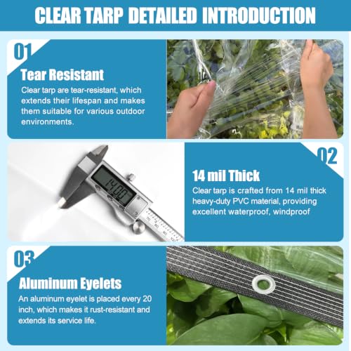 Clear Tarps Heavy Duty Waterproof 5x15ft Clear Vinyl Tarp 14mil Clear Tarp with Grommets Thickened Tear-Resistant Clear Tarps for Outdoor Porches Enclosure Chicken Coop Greenhouse Patio - size: 5x15FT