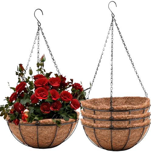 Hanging Baskets for Plants Outdoor(8 inch 4 Pack)- Coconut Coir Hanging Planters Outdoor, Metal Wire Baskets with Coco Liner, Hanging Pots for Plants Indoor, Flower Pots for Railings